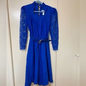 Western Style Royal Blue Lace Long-Sleeve Midi Dress with Belt